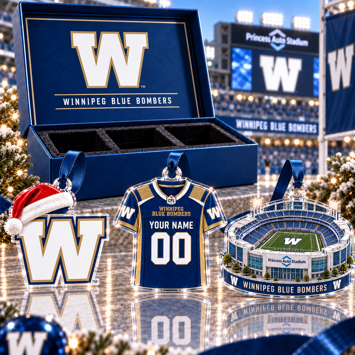 [FULL SET 3 ITEMS - NO BOX] NEW CUSTOMIZED CFL09 WPG WINNIPEG BLUE BOMBERS CHRISTMAS ACRYLIC ORNAMENT