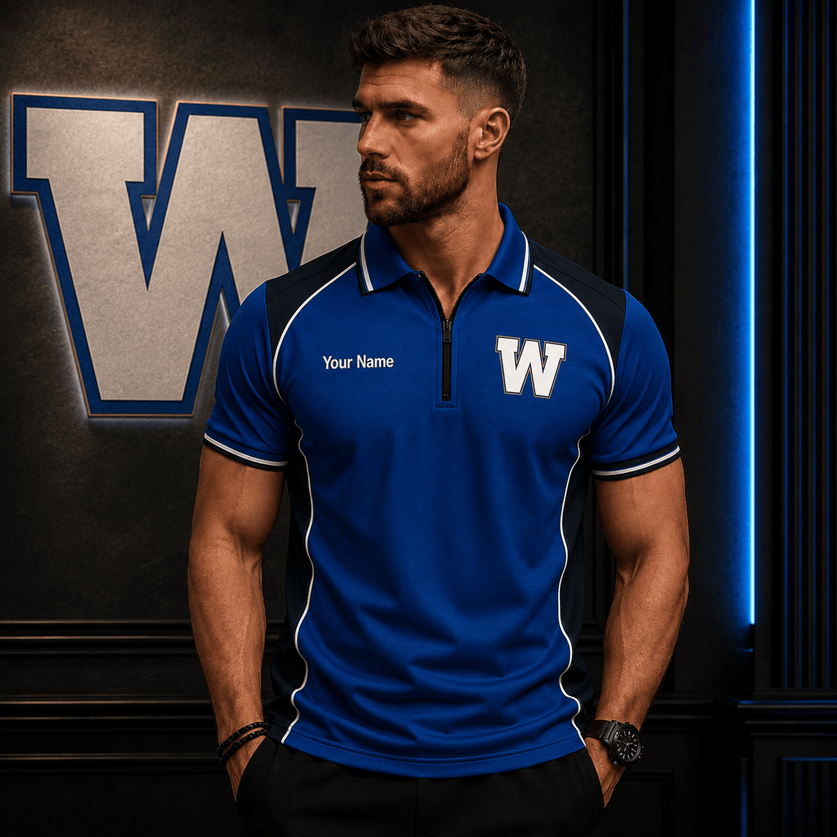 [SPECIAL OFFER] NEW CUSTOMIZED CFL09 WPG WINNIPEG BLUE BOMBERS ZIP POLO SHIRT