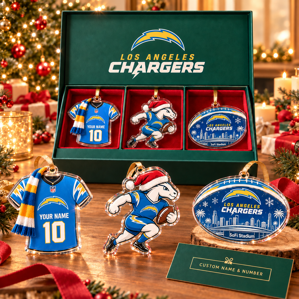 [FULL SET 3 ITEMS - NO BOX] NEW CUSTOMIZED NFL09 LAC LOS ANGELES CHARGERS CHRISTMAS ACRYLIC ORNAMENT