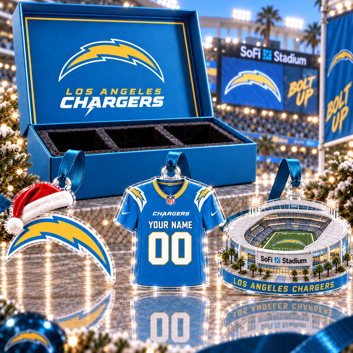 [FULL SET 3 ITEMS - NO BOX] NEW CUSTOMIZED NFL09 LAC LOS ANGELES CHARGERS CHRISTMAS ACRYLIC ORNAMENT