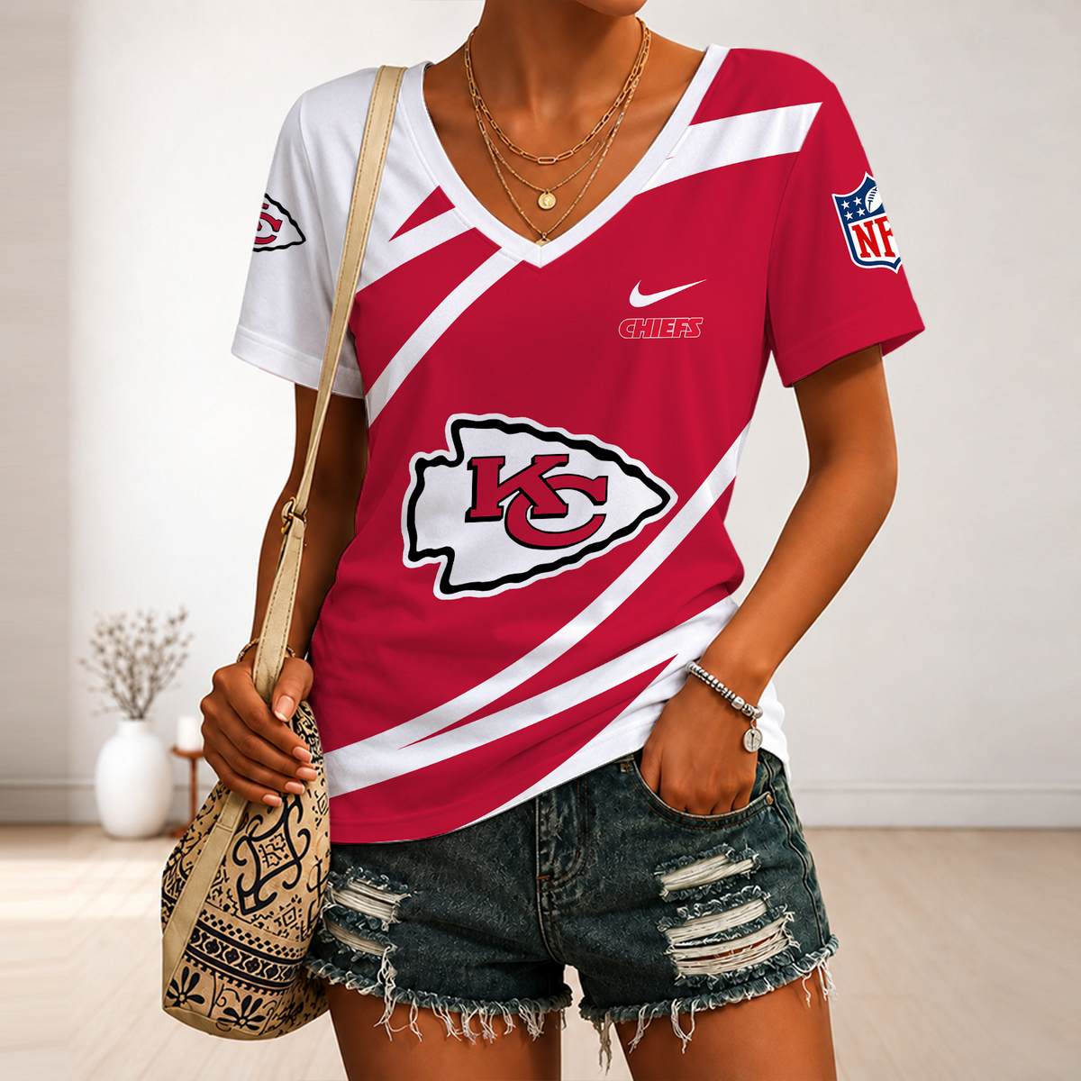 [SPECIAL OFFER] NEW CUSTOMIZED NFL01 KCC KANSAS CITY CHIEFS V-NECK FEMALE SHIRT