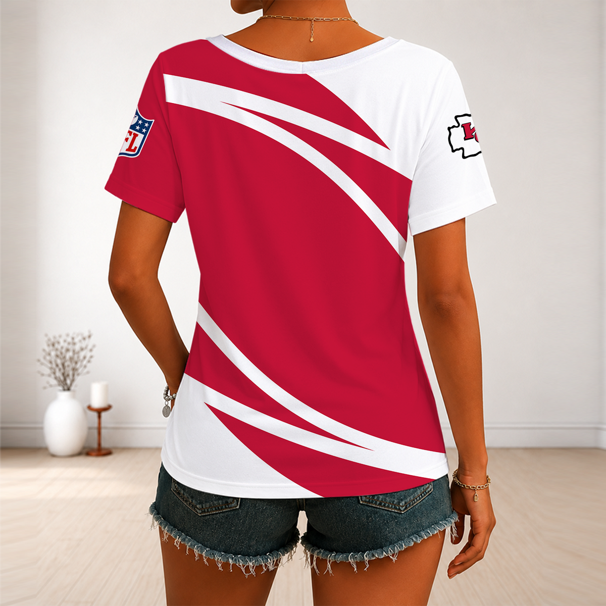 [SPECIAL OFFER] NEW CUSTOMIZED NFL01 KCC KANSAS CITY CHIEFS V-NECK FEMALE SHIRT