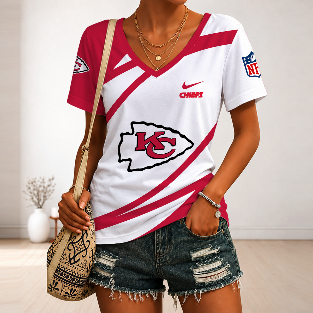 [SPECIAL OFFER] NEW CUSTOMIZED NFL01 KCC KANSAS CITY CHIEFS V-NECK FEMALE SHIRT