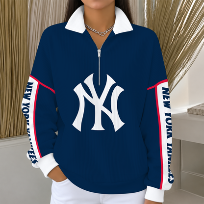 [SPECIAL OFFER] NEW CUSTOMIZED MLB01 NYY NEW YORK YANKEES QUARTER ZIP RIBBED SWEATER