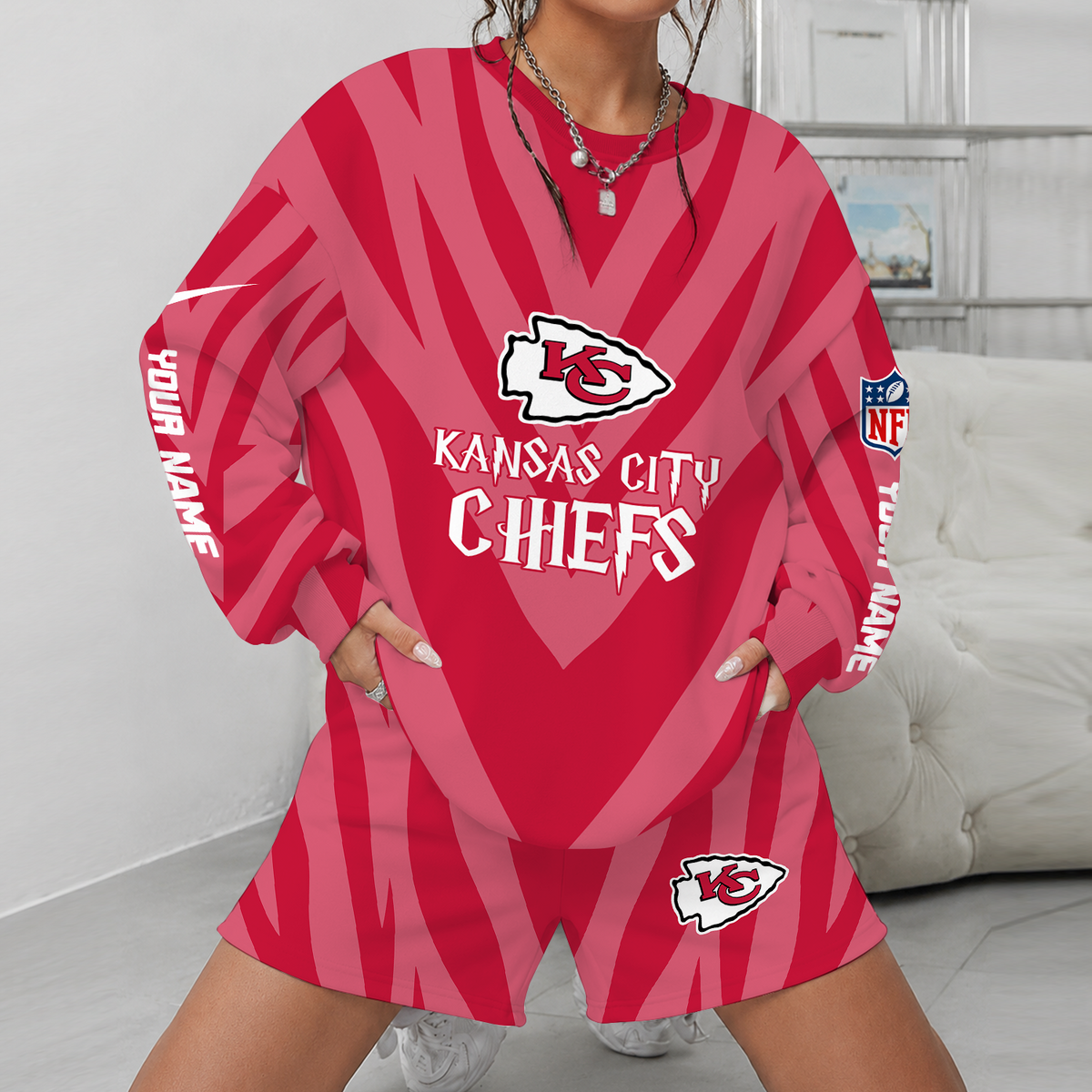 [SPECIAL OFFER] NEW CUSTOMIZED NFL01 KCC KANSAS CITY CHIEFS UNISEX SWEATSHIRT & SHORTS SET