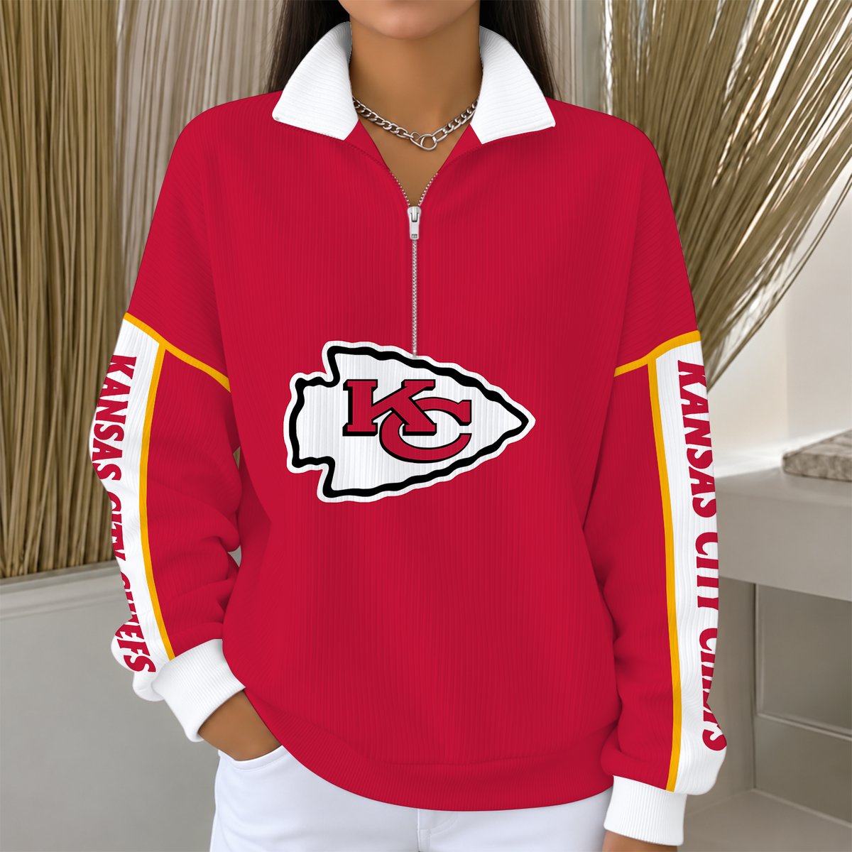 [SPECIAL OFFER] NEW CUSTOMIZED NFL01 KCC KANSAS CITY CHIEFS QUARTER ZIP RIBBED SWEATER