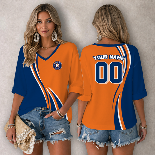 [FLASH SALE] NEW CUSTOMIZED MLB10 HAS HOUSTON ASTROS WOMEN'S HEART V-NECK LONG SLEEVE SHIRT