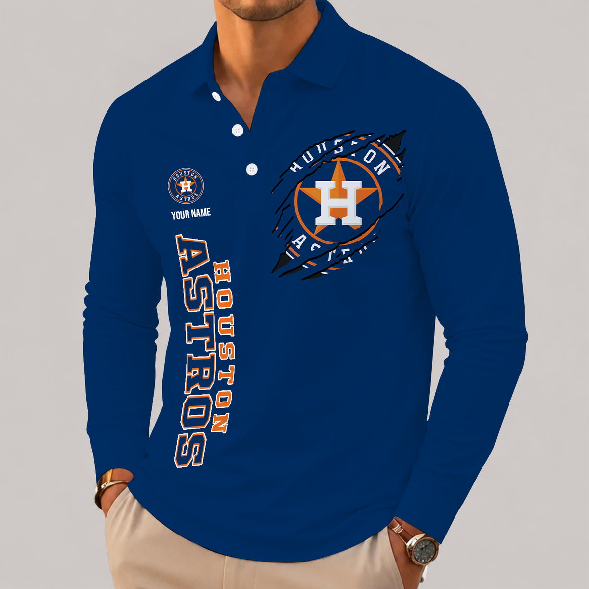 [FLASH SALE] NEW CUSTOMIZED MLB10 HAS HOUSTON ASTROS MEN'S LONG SLEEVE POLO