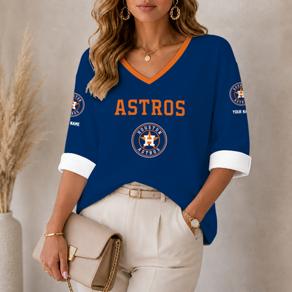 [FLASH SALE] NEW CUSTOMIZED MLB10 HAS HOUSTON ASTROS WOMEN'S HEART V-NECK LONG SLEEVE SHIRT