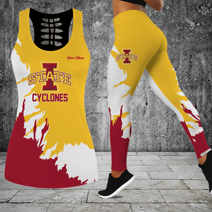 [FAN FAVORITE] NEW CUSTOMIZED NCAA MAM10 ISC IOWA STATE CYCLONES STRAPPY HOLLOW TANK TOP & LEGGINGS SET