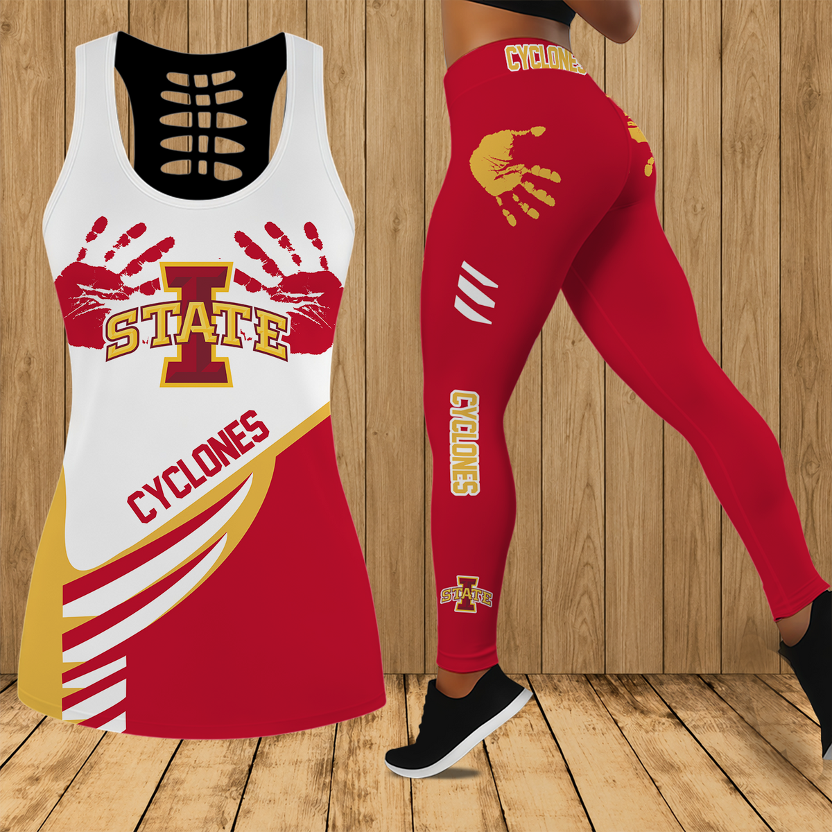 [FAN FAVORITE] NEW CUSTOMIZED NCAA MAM10 ISC IOWA STATE CYCLONES STRAPPY HOLLOW TANK TOP & LEGGINGS SET