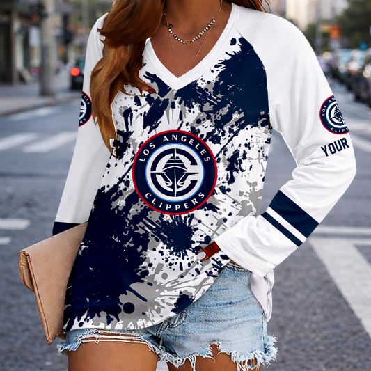 [HOT DEAL] NEW CUSTOMIZED NBA10 LCL LOS ANGELES CLIPPERS WOMEN'S V-NECK LONG SLEEVED SHIRT