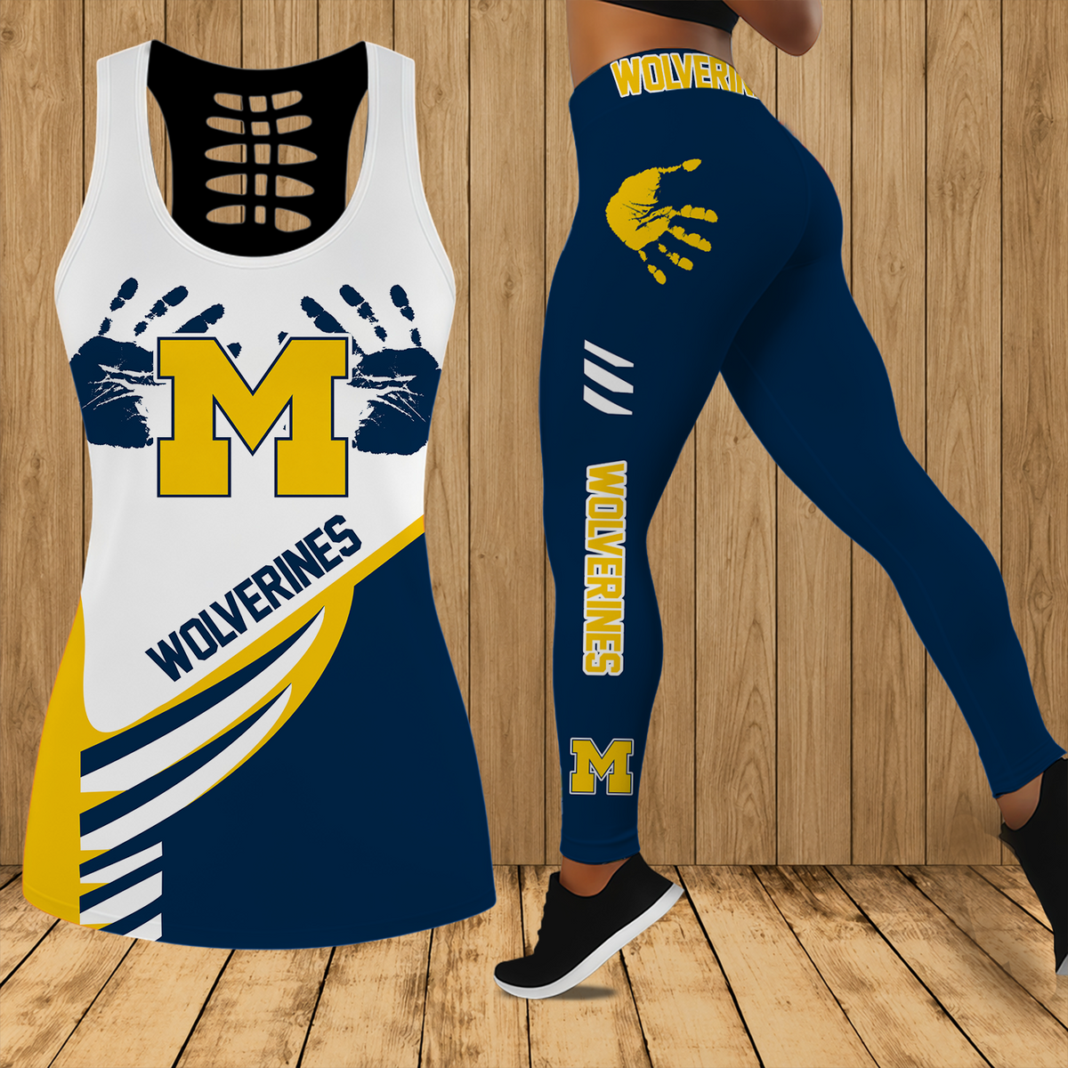 [FAN FAVORITE] NEW CUSTOMIZED NCAA CFH10 MIW MICHIGAN WOLVERINES HOLLOW TANK TOP & LEGGINGS SET