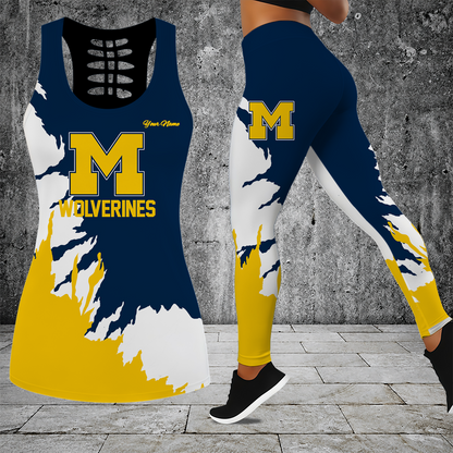 [FAN FAVORITE] NEW CUSTOMIZED NCAA CFH10 MIW MICHIGAN WOLVERINES HOLLOW TANK TOP & LEGGINGS SET