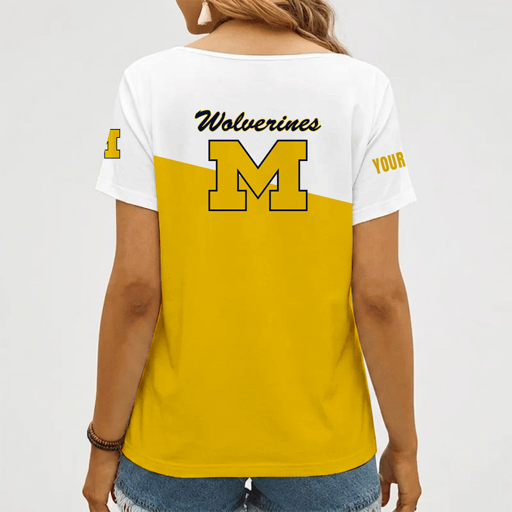 [FAN FAVORITE] NEW CUSTOMIZED NCAA CFH10 MIW MICHIGAN WOLVERINES V-NECK FEMALE SHIRT