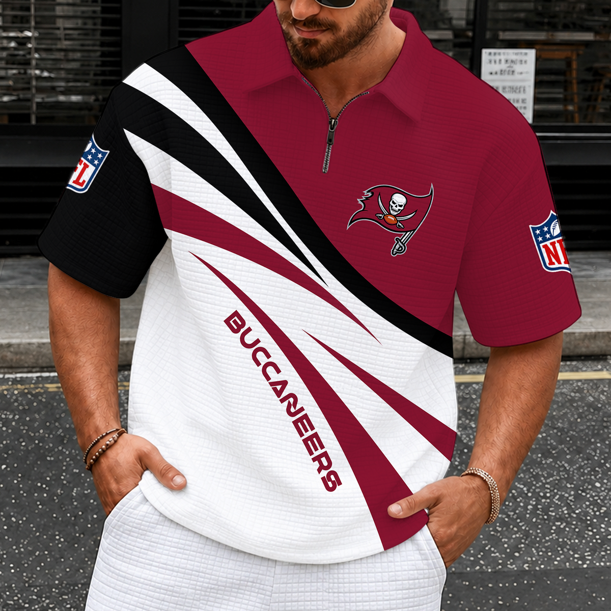 [SPECIAL OFFER] NEW CUSTOMIZED NFL10 TBB TAMPA BAY BUCCANEERS QUARTER-ZIP POLO SHIRT