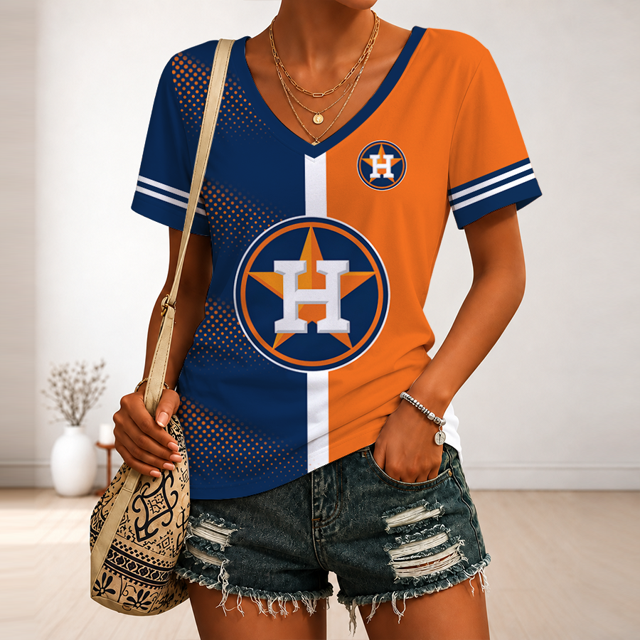 [FLASH SALE] NEW CUSTOMIZED MLB10 HAS HOUSTON ASTROS V-NECK FEMALE SHIRT