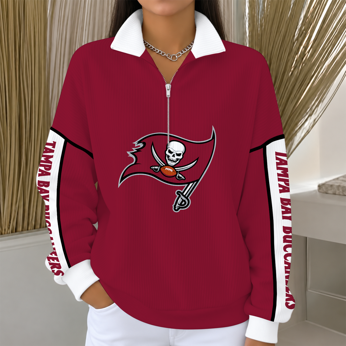 [SPECIAL OFFER] NEW CUSTOMIZED NFL10 TBB TAMPA BAY BUCCANEERS QUARTER ZIP RIBBED SWEATER