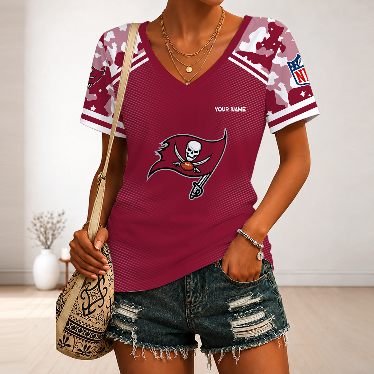 [SPECIAL OFFER] NEW CUSTOMIZED NFL10 TBB TAMPA BAY BUCCANEERS V-NECK FEMALE SHIRT