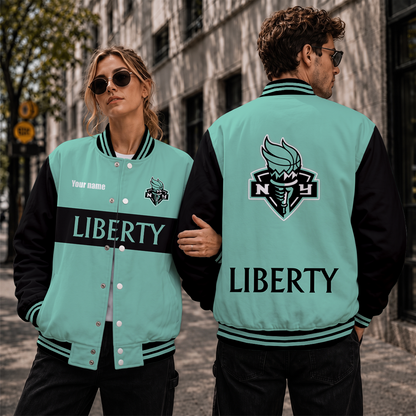 [FAN FAVORITE] NEW CUSTOMIZED WNBA10 NYL NEW YORK LIBERTY BASEBALL JACKET, SATIN VARSITY JACKET