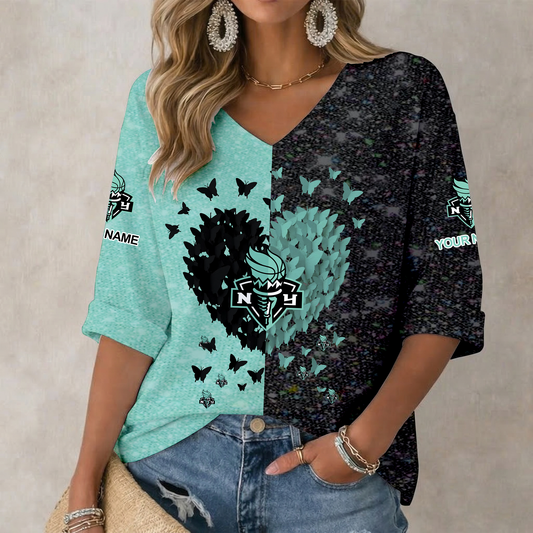 LIMITED EDITION - NEW CUSTOMIZED WNBA10 NYL NY LIBERTY WOMEN'S HEART V-NECK LONG SLEEVE SHIRT
