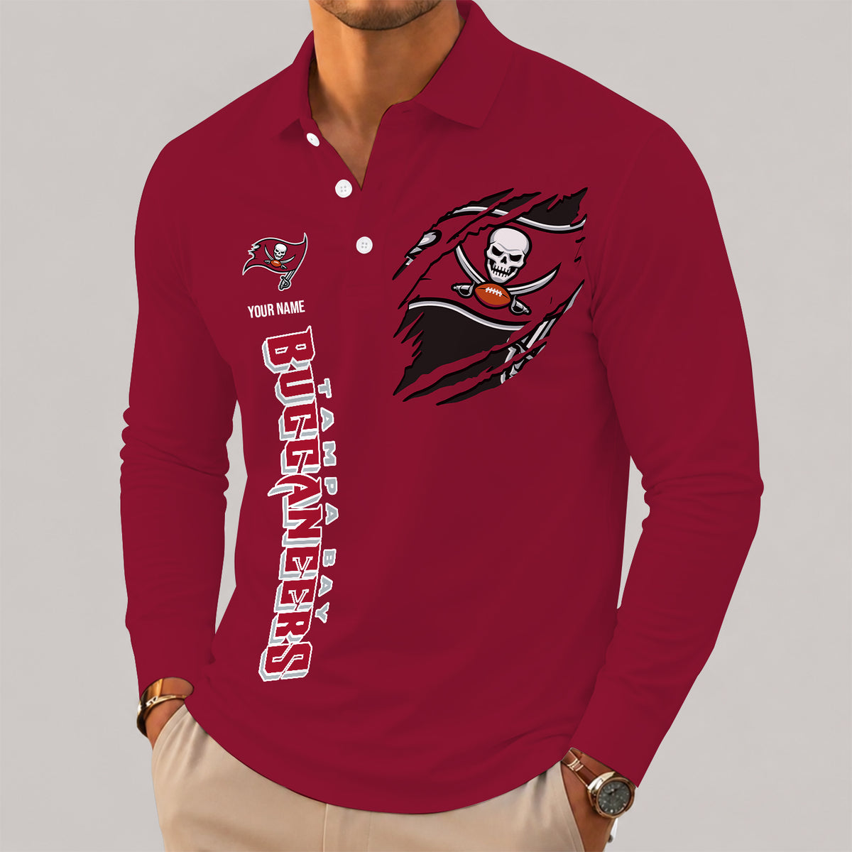 [SPECIAL OFFER] NEW CUSTOMIZED NFL10 TBB TAMPA BAY BUCCANEERS LONG SLEEVE POLO SHIRT