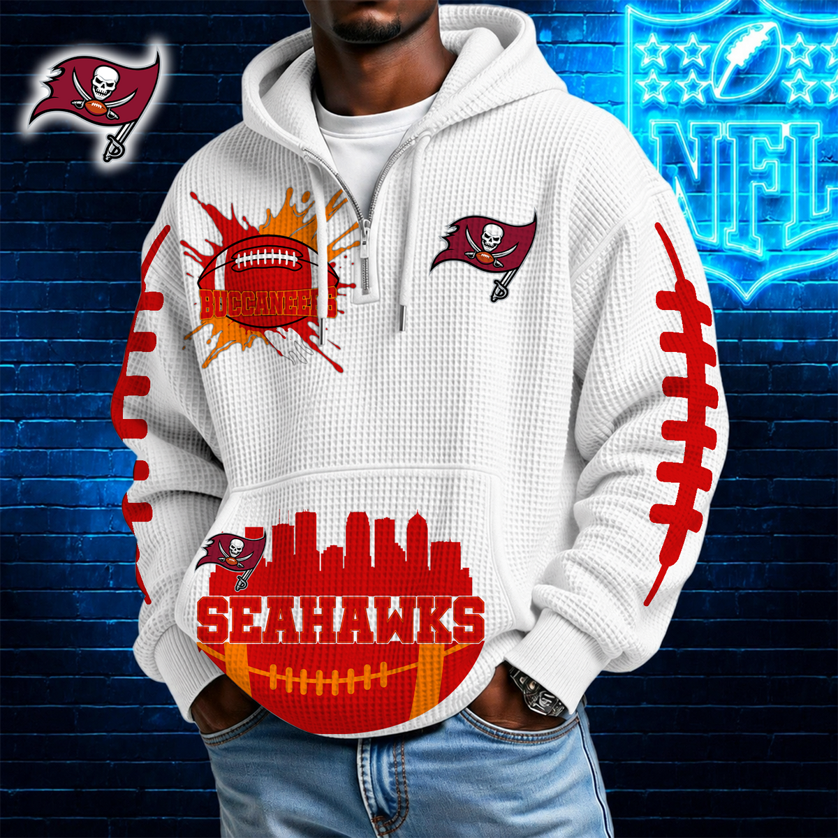 [SPECIAL OFFER] NEW CUSTOMIZED NFL10 TBB TAMPA BAY BUCCANEERS WAFFLE FULL ZIP HOODIE