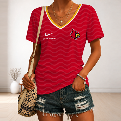 [FAN FAVORITE] NEW CUSTOMIZED NCAA FBS10 ULC LOUISVILLE CARDINALS V-NECK FEMALE SHIRT
