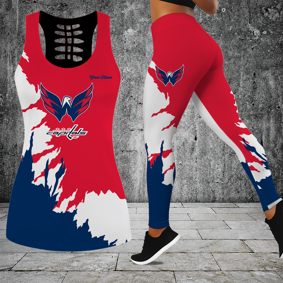 [SUPER SALE] NEW CUSTOMIZED NHL10 WCP WASHINGTON CAPITALS HOLLOW TANK TOP & LEGGINGS SET