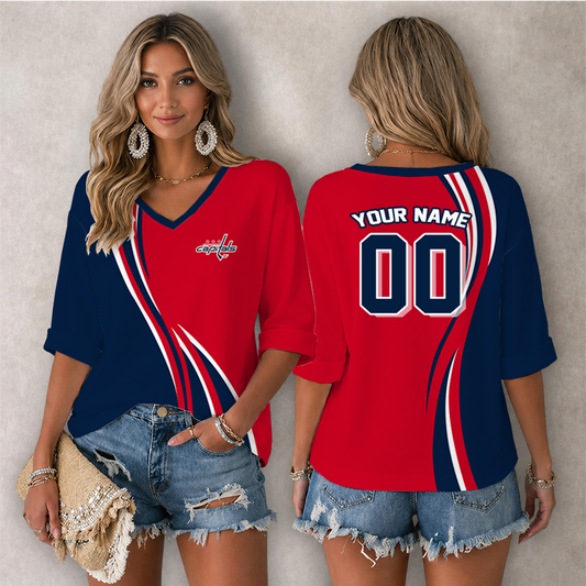 [SUPER SALE] NEW CUSTOMIZED NHL10 WCP WASHINGTON CAPITALS WOMEN'S HEART V-NECK LONG SLEEVE SHIRT