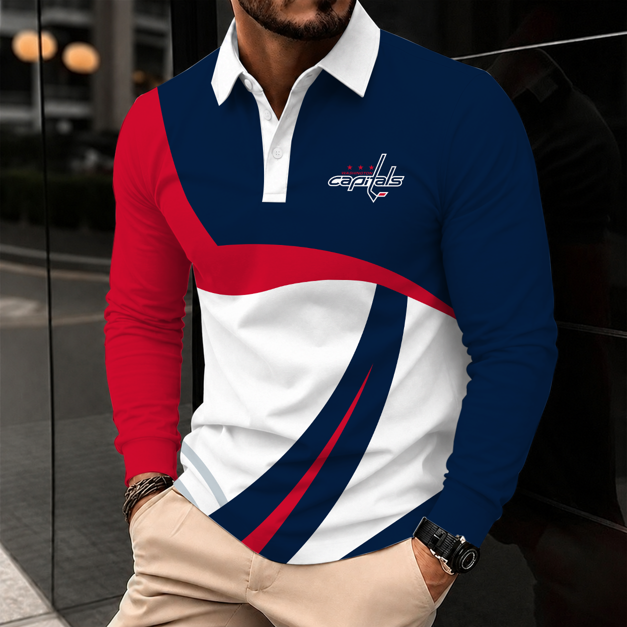 [SUPER SALE] NEW CUSTOMIZED NHL10 WCP WASHINGTON CAPITALS MEN LONG SLEEVE POLO