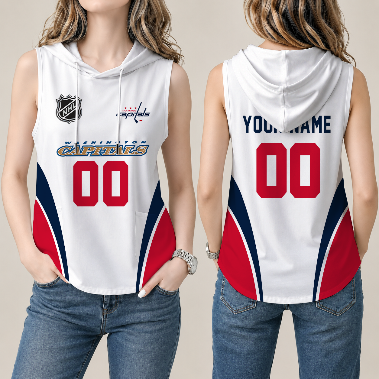 [SUPER SALE] NEW CUSTOMIZED NHL10 WCP WASHINGTON CAPITALS WOMEN'S SLEEVELESS HOODED POCKET TANK TOP