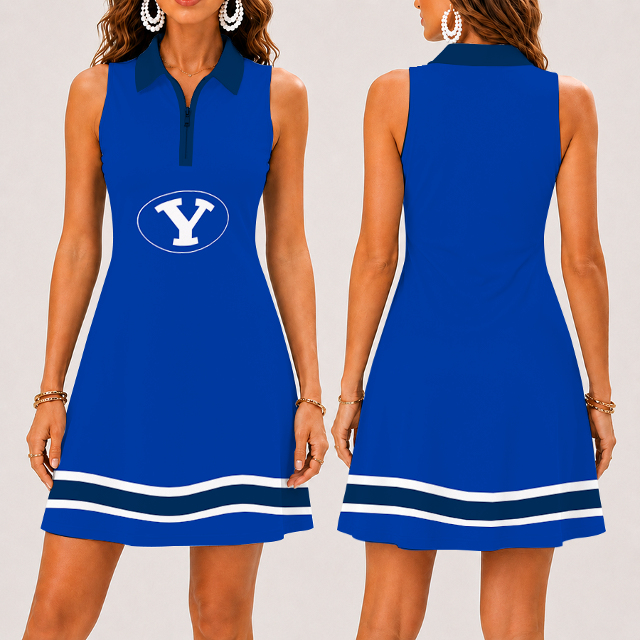 [FAN FAVORITE] NEW CUSTOMIZED NCAA FBS11 BYU BYU COUGARS WOMEN'S ZIP SLEEVELESS POLO DRESS