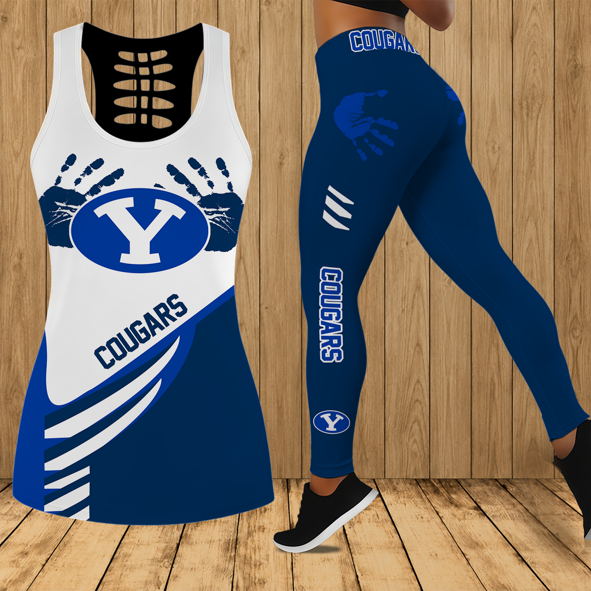 [FAN FAVORITE] NEW CUSTOMIZED NCAA FBS11 BYU BYU COUGARS HOLLOW TANK TOP & LEGGINGS SET