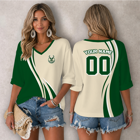 [HOT DEAL] NEW CUSTOMIZED NBA11 MBU MILWAUKEE BUCKS WOMEN'S HEART V-NECK LONG SLEEVE SHIRT
