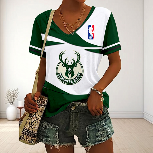 [HOT DEAL] NEW CUSTOMIZED NBA11 MBU MILWAUKEE BUCKS V-NECK FEMALE SHIRT