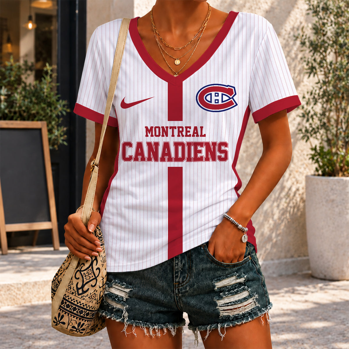 [SUPER SALE] NEW CUSTOMIZED NHL11 MCD MONTREAL CANADIENS V-NECK FEMALE SHIRT
