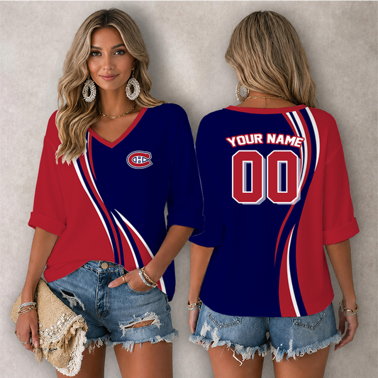 [SUPER SALE] NEW CUSTOMIZED NHL11 MCD MONTREAL CANADIENS WOMEN'S HEART V-NECK LONG SLEEVE SHIRT