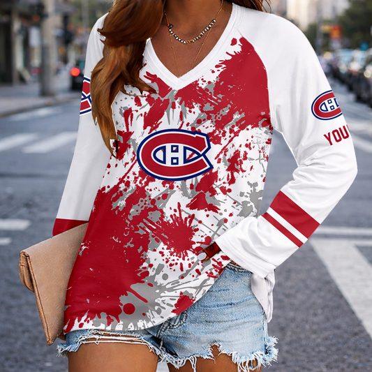 [SUPER SALE] NEW CUSTOMIZED NHL11 MCD MONTREAL CANADIENS WOMEN'S V-NECK LONG SLEEVED SHIRT