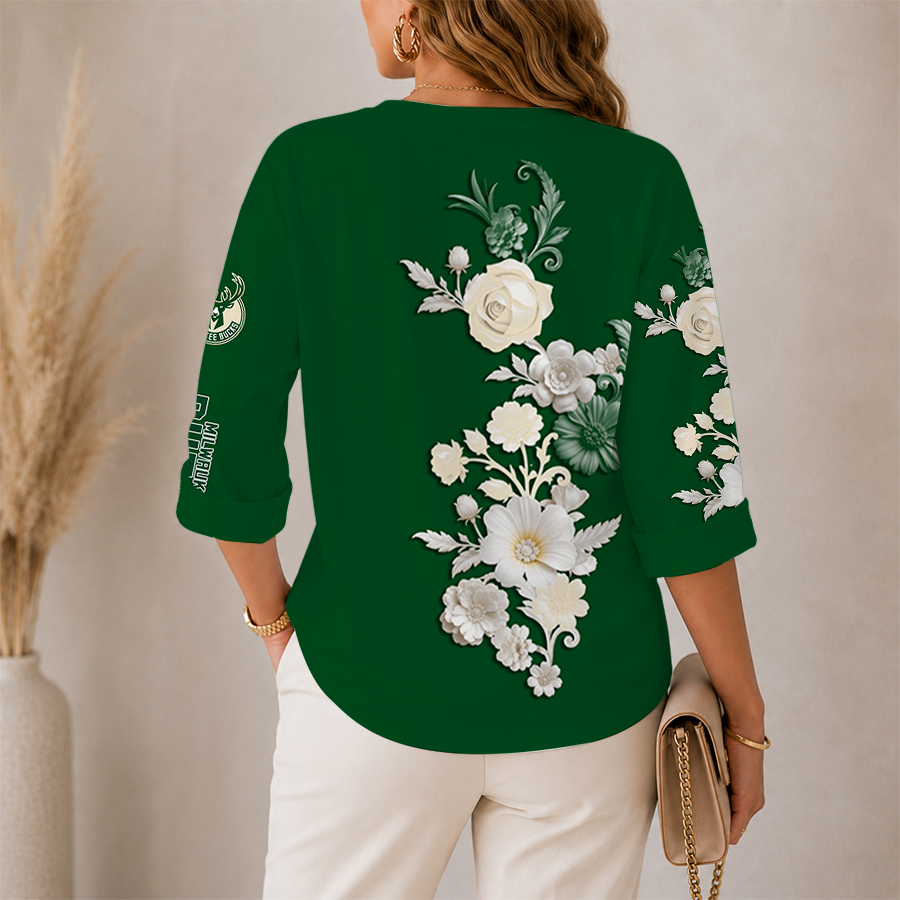 LIMITED EDITION - NEW CUSTOMIZED NBA11 MBU MILWAUKEE BUCKS WOMEN'S V-NECK LONG SLEEVE SHIRT