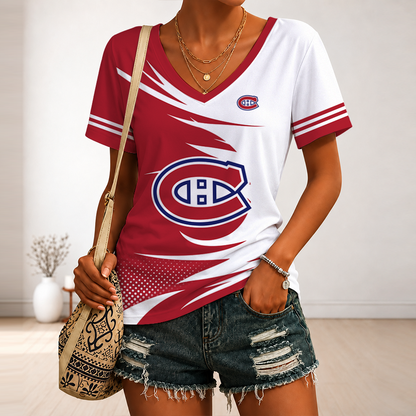 [SUPER SALE] NEW CUSTOMIZED NHL11 MCD MONTREAL CANADIENS V-NECK FEMALE SHIRT