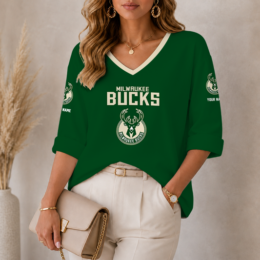 [HOT DEAL] NEW CUSTOMIZED NBA11 MBU MILWAUKEE BUCKS WOMEN'S HEART V-NECK LONG SLEEVE SHIRT