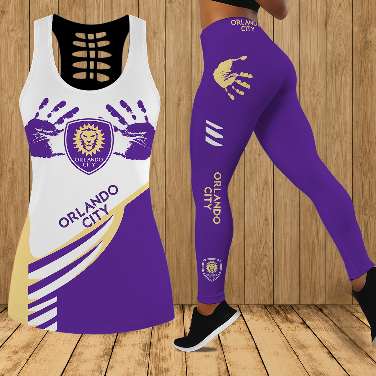 [FAN EXCLUSIVE] NEW CUSTOMIZED MLS11 OCS ORLANDO CITY SC HOLLOW TANK TOP & LEGGINGS SET