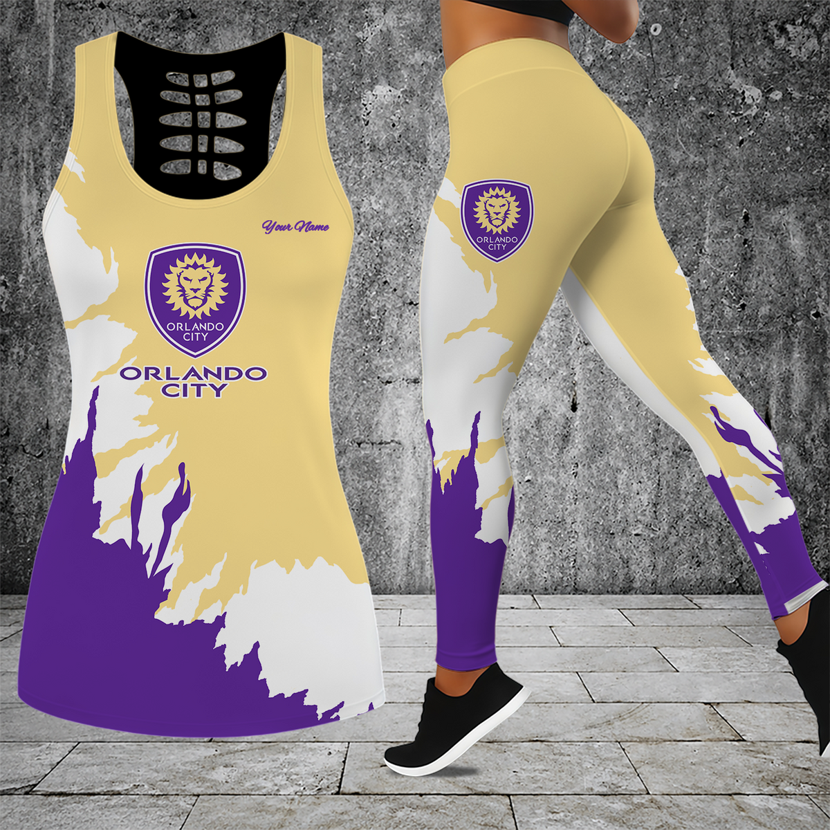 [FAN EXCLUSIVE] NEW CUSTOMIZED MLS11 OCS ORLANDO CITY SC HOLLOW TANK TOP & LEGGINGS SET