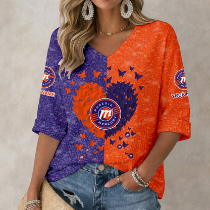LIMITED EDITION - NEW CUSTOMIZED WNBA11 PNM PH MERCURY WOMEN'S HEART V-NECK LONG SLEEVE SHIRT