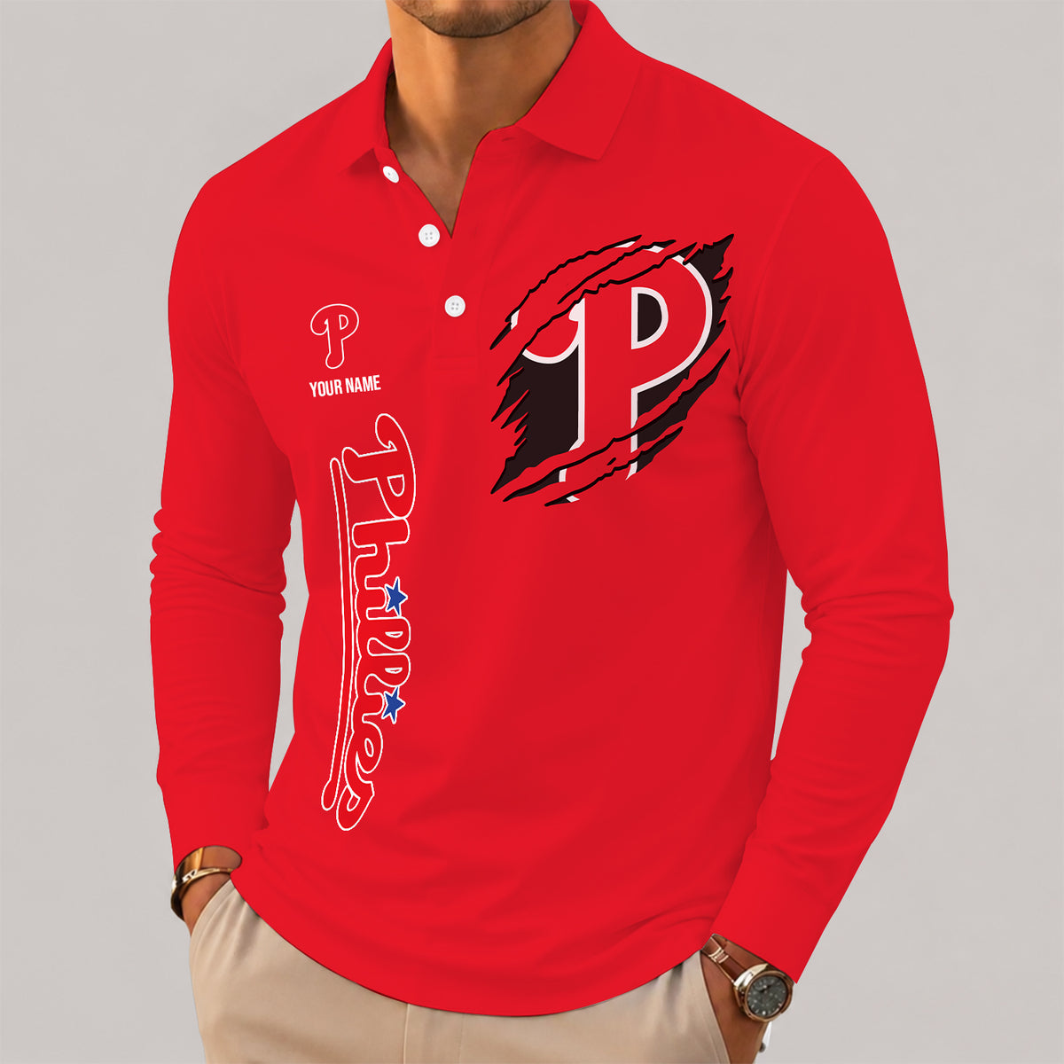 [FLASH SALE] NEW CUSTOMIZED MLB11 PPS PHILADELPHIA PHILLIES MEN'S LONG SLEEVE POLO
