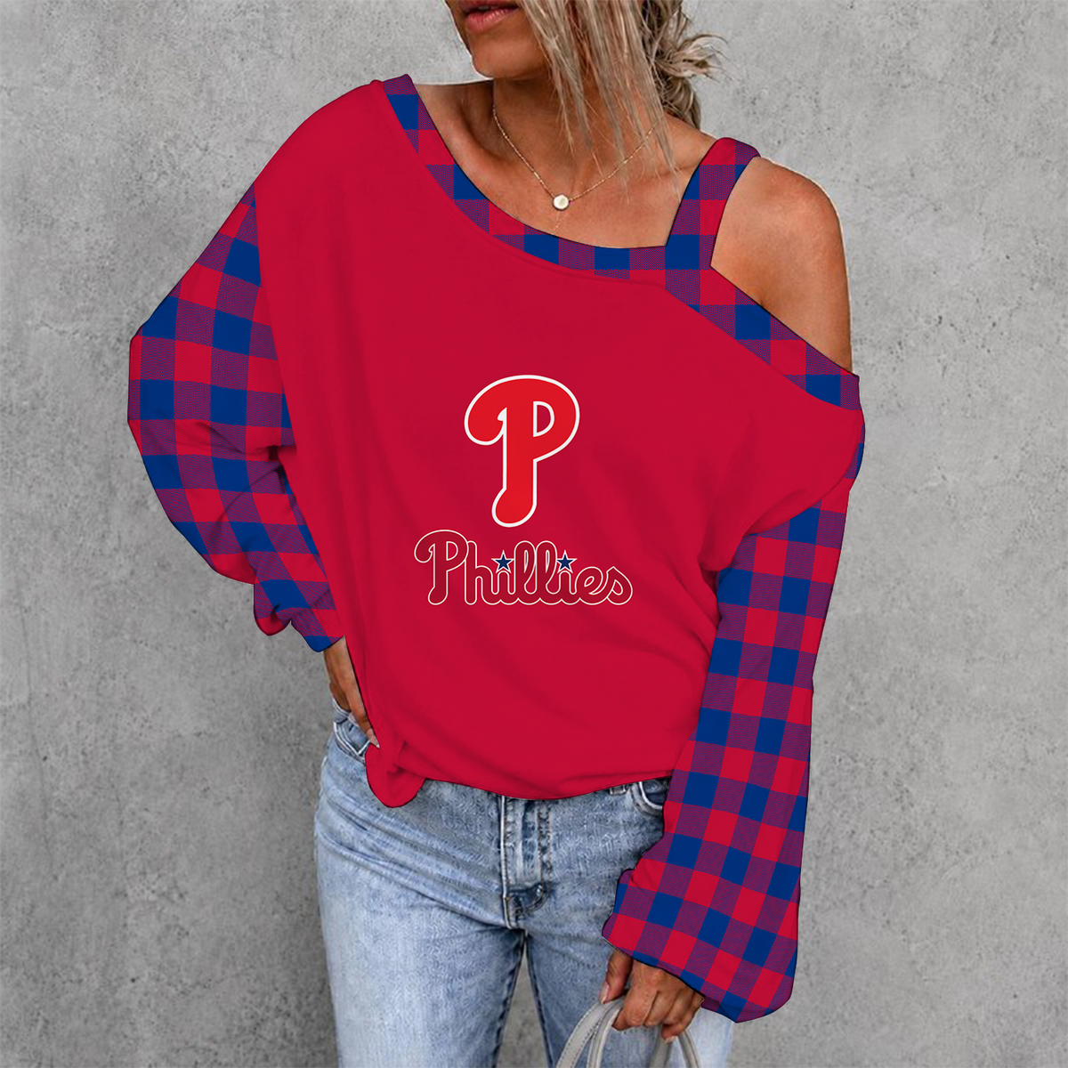 [FLASH SALE] NEW CUSTOMIZED MLB11 PPS PHILADELPHIA PHILLIES WOMEN'S OFF-SHOULDER LONG SLEEVE SHIRT