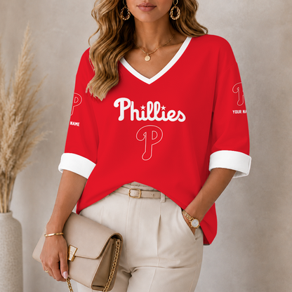 [FLASH SALE] NEW CUSTOMIZED MLB11 PPS PHILADELPHIA PHILLIES  WOMEN'S HEART V-NECK LONG SLEEVE SHIRT