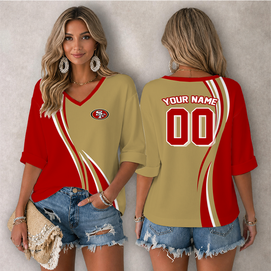 [SPECIAL OFFER] NEW CUSTOMIZED NFL11 SF49 SAN FRANCISCO 49ERS WOMEN'S HEART V-NECK LONG SLEEVE SHIRT