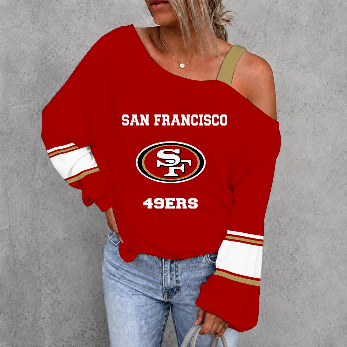 [SPECIAL OFFER] NEW CUSTOMIZED NFL11 SF49 SAN FRANCISCO 49ERS WOMEN'S OFF-SHOULDER LONG SLEEVE SHIRT